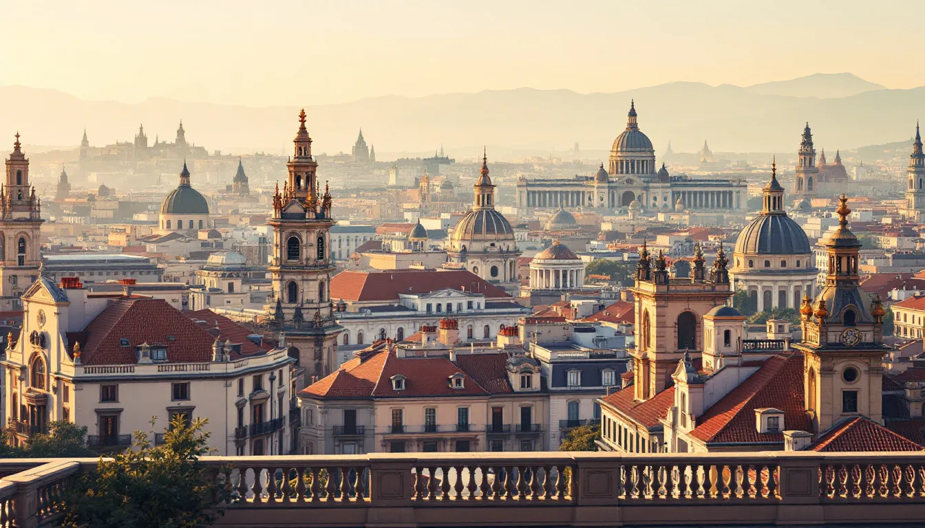 Ilustración editorial de panorámica de Madrid desde las alturas con cúpulas históricas y horizonte urbano