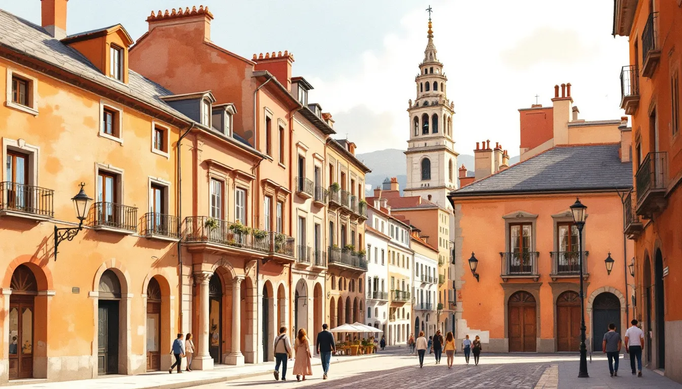Ilustración editorial de calle histórica en el Madrid de los Austrias con arquitectura tradicional