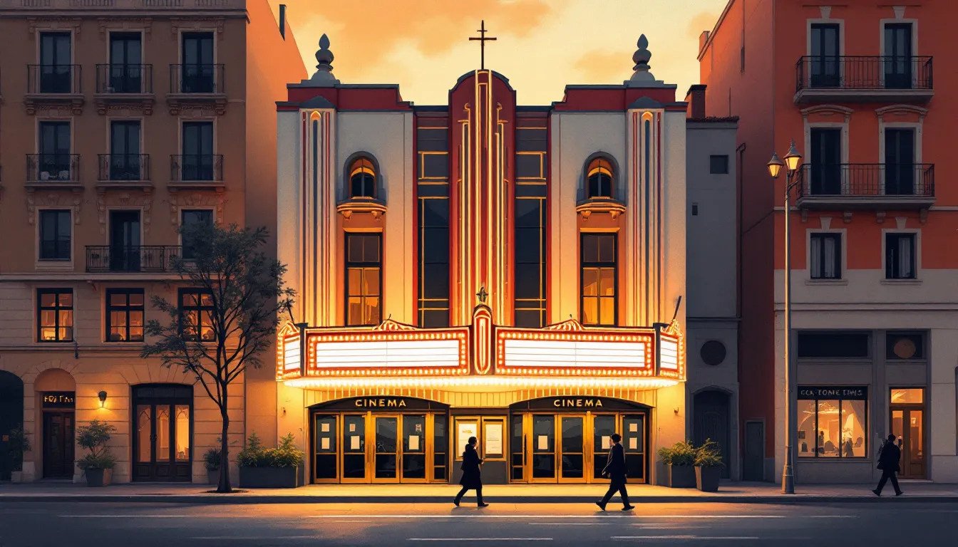 Ilustración editorial de la fachada de un cine histórico de barrio en Madrid con estilo art déco