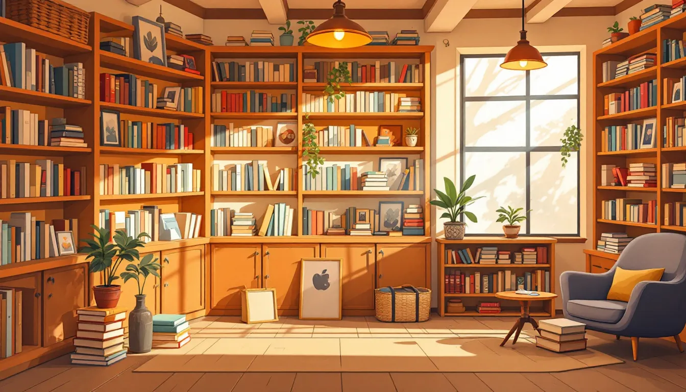 Ilustración de interior acogedor de librería independiente madrileña con estanterías de madera