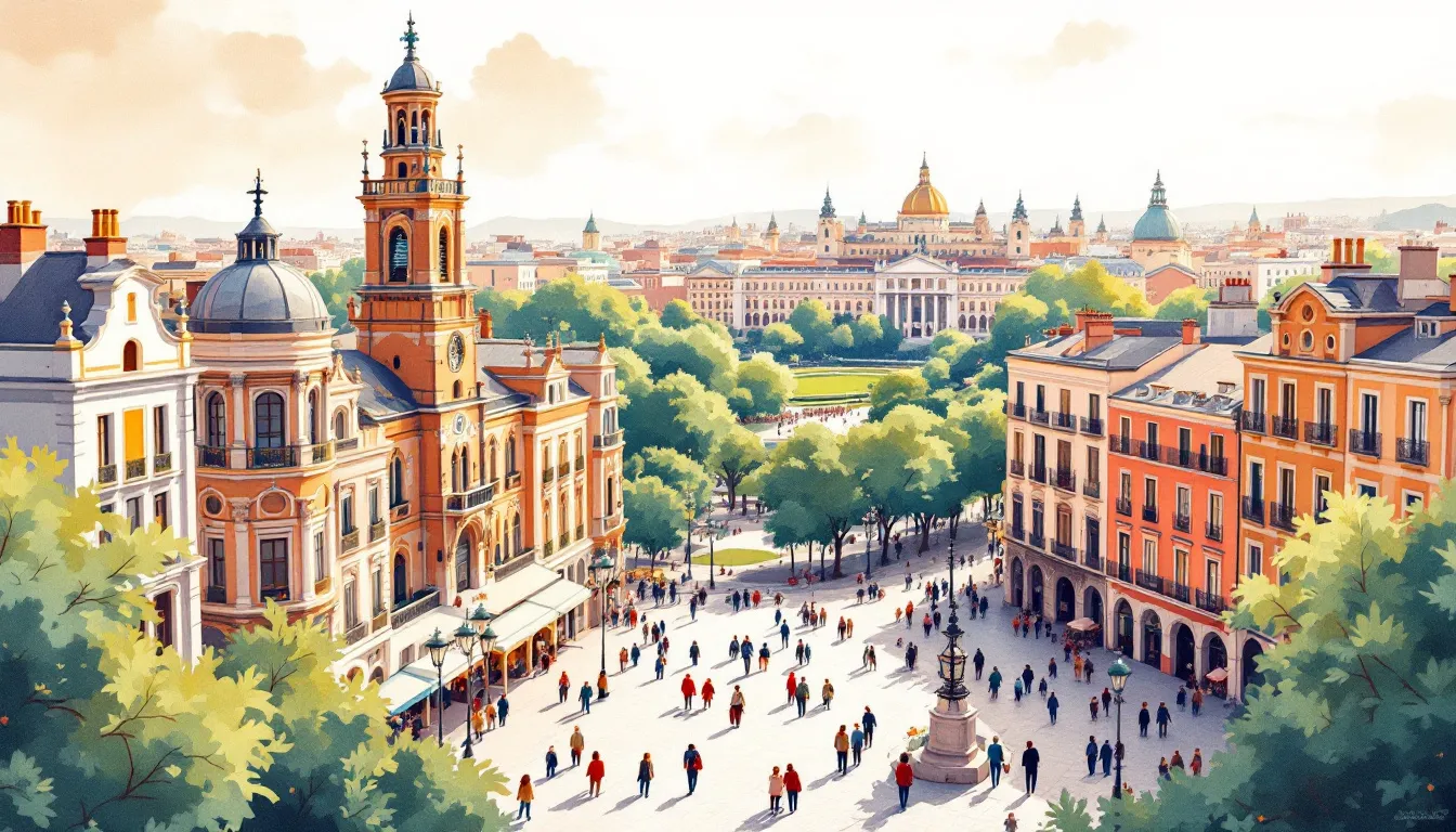 Ilustración editorial del centro histórico de Madrid mostrando la Plaza Mayor, el Palacio Real y el Retiro