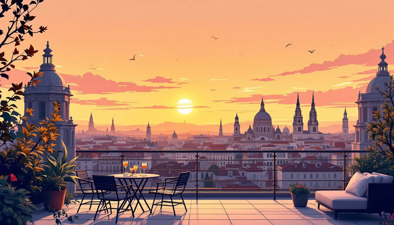 Ilustración editorial de una azotea madrileña al atardecer con vistas panorámicas de la ciudad