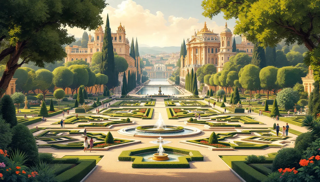 Ilustración editorial del Palacio Real de Aranjuez rodeado de jardines barrocos y paseos arbolados