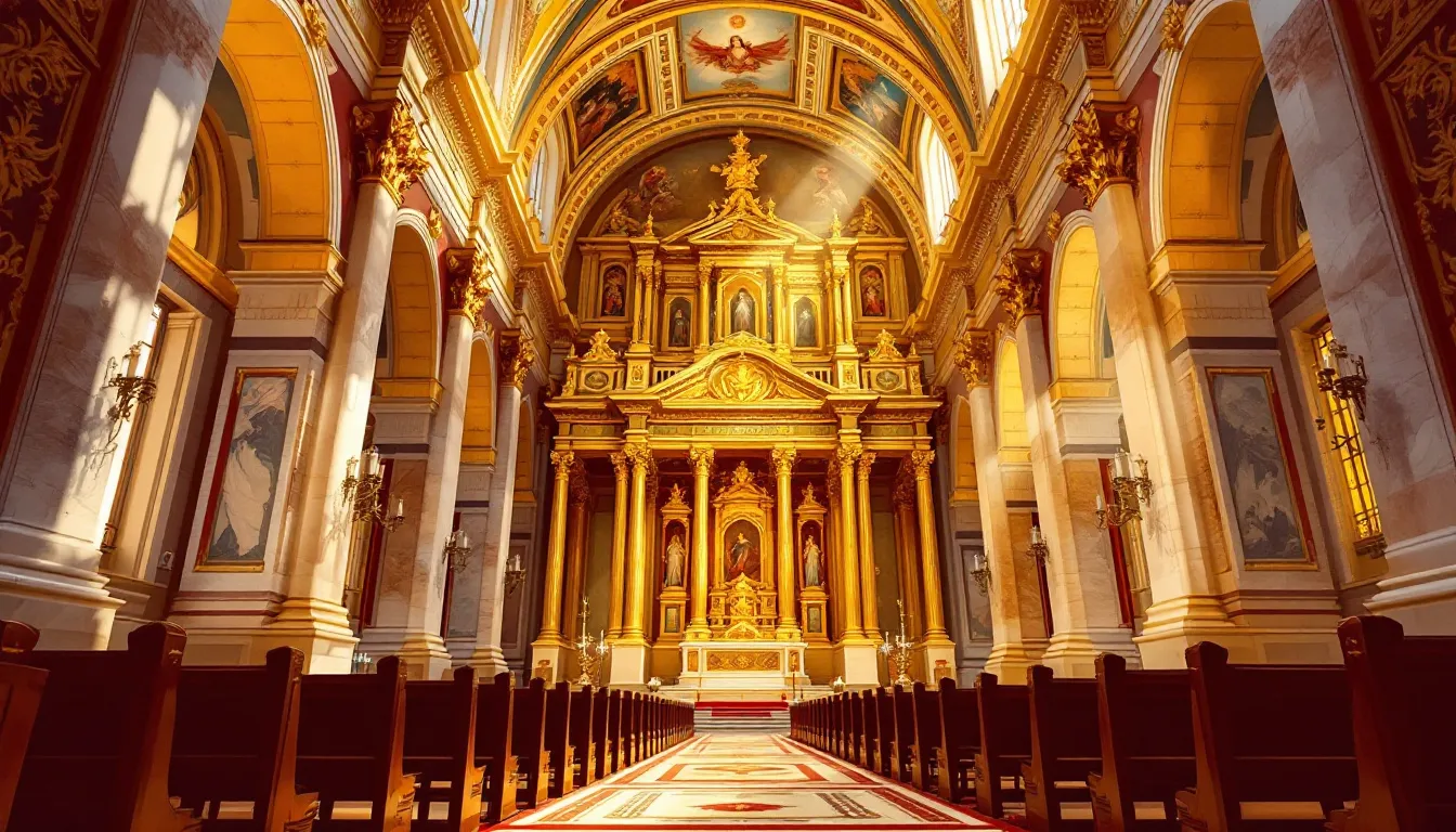 Ilustración editorial del interior de una iglesia barroca madrileña con retablo dorado y luz cálida