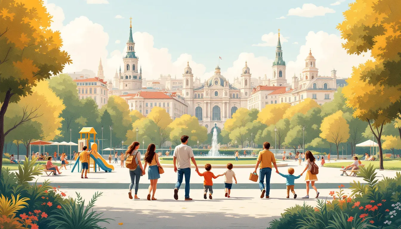 Ilustración editorial de una familia disfrutando de un parque urbano en Madrid con niños
