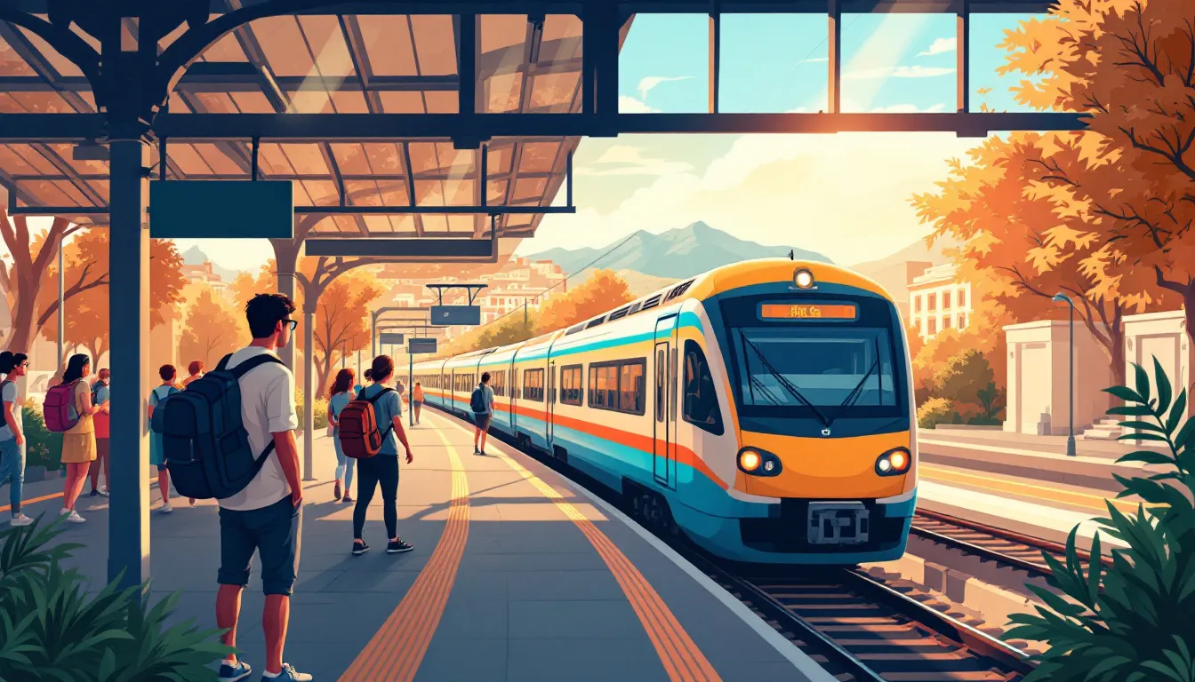 Ilustración de tren de cercanías llegando a estación con viajeros esperando excursión