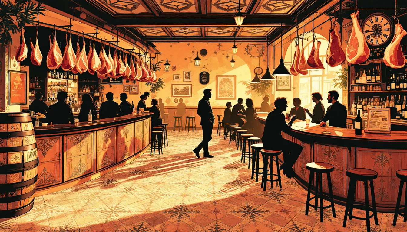 Ilustración de taberna centenaria madrileña con azulejos de época y ambiente castizo