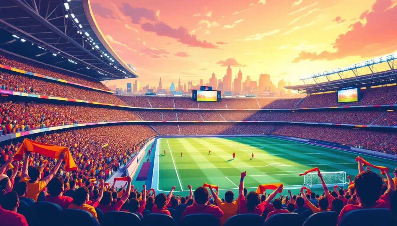 Ilustración editorial de un estadio de fútbol en Madrid con aficionados y ambiente de partido