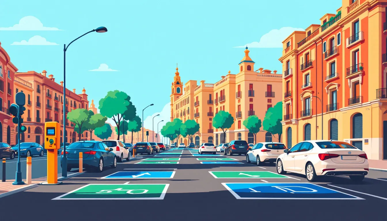 Ilustración editorial de una calle madrileña con zonas de aparcamiento regulado y arquitectura urbana