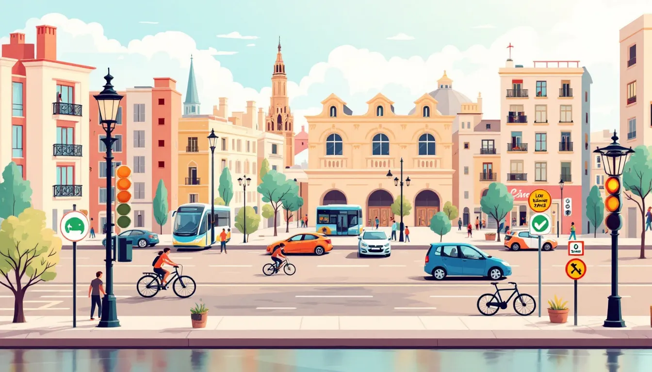 Ilustración editorial de Madrid con zona de bajas emisiones y movilidad sostenible