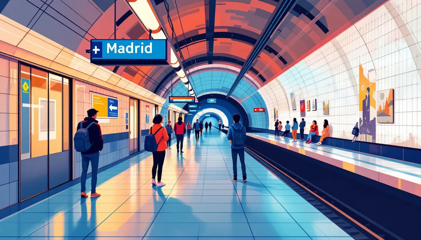 Ilustración editorial de estación de metro madrileña con viajeros y señalética característica