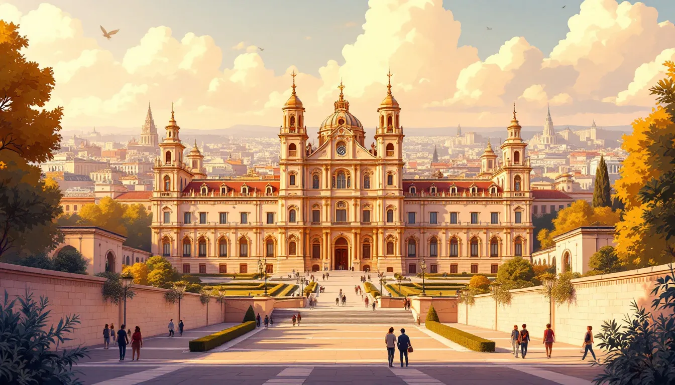 Ilustración editorial del Palacio Real de Madrid con fachada barroca y jardines