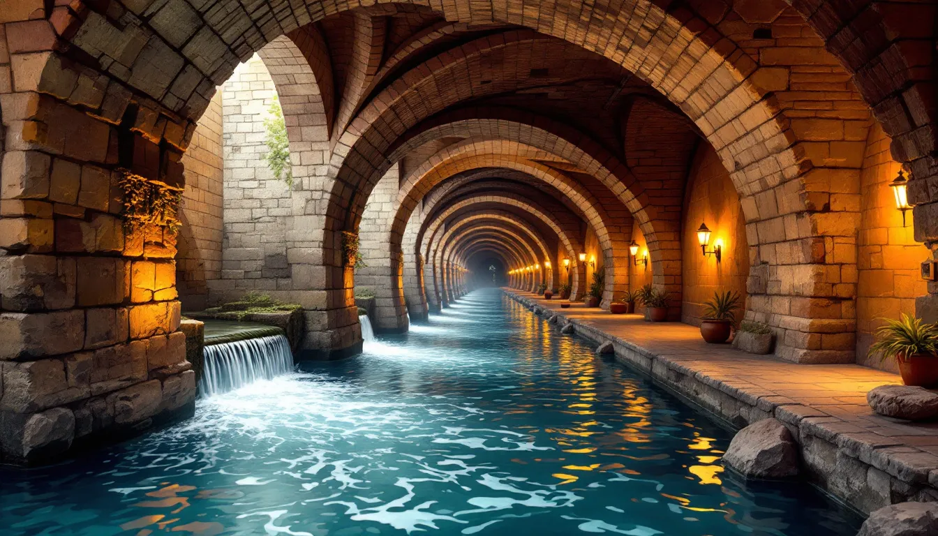 Ilustración de galería subterránea con canal de agua y bóvedas de ladrillo, evocando viajes de agua históricos