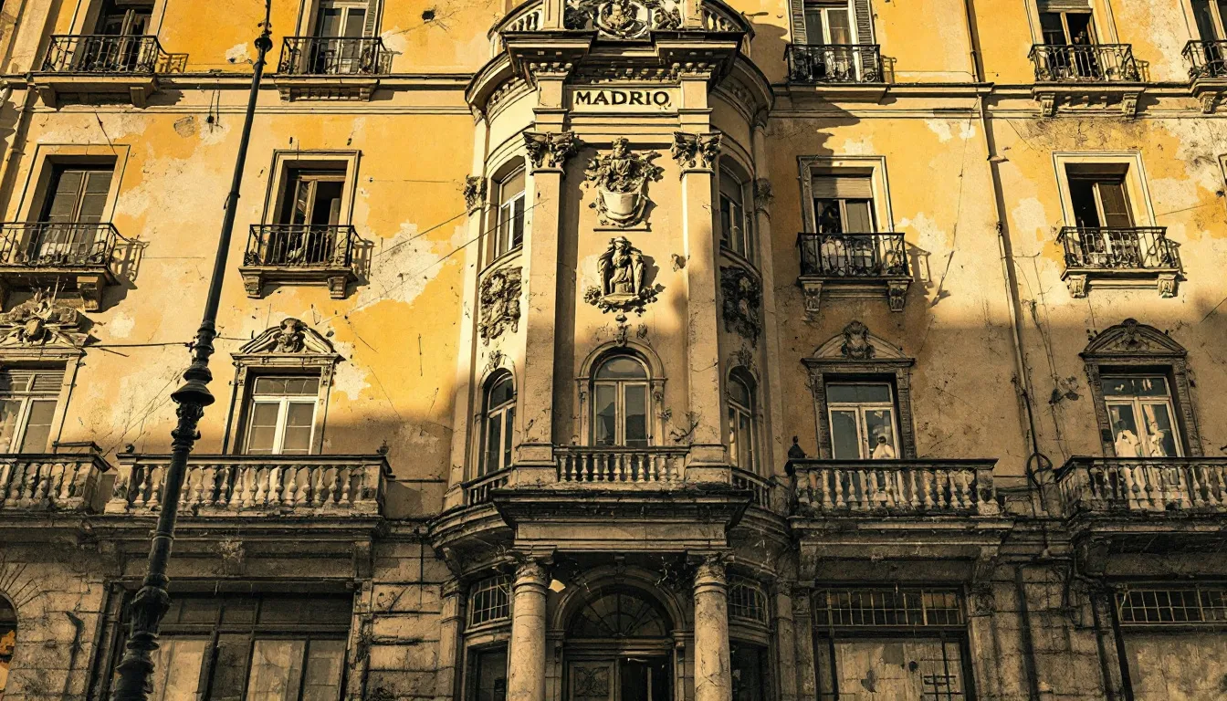 Ilustración editorial de fachada madrileña con cicatrices históricas de la Guerra Civil