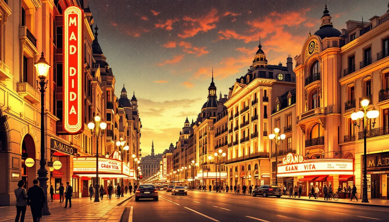 Ilustración editorial de la Gran Vía de Madrid con teatros y cines históricos iluminados
