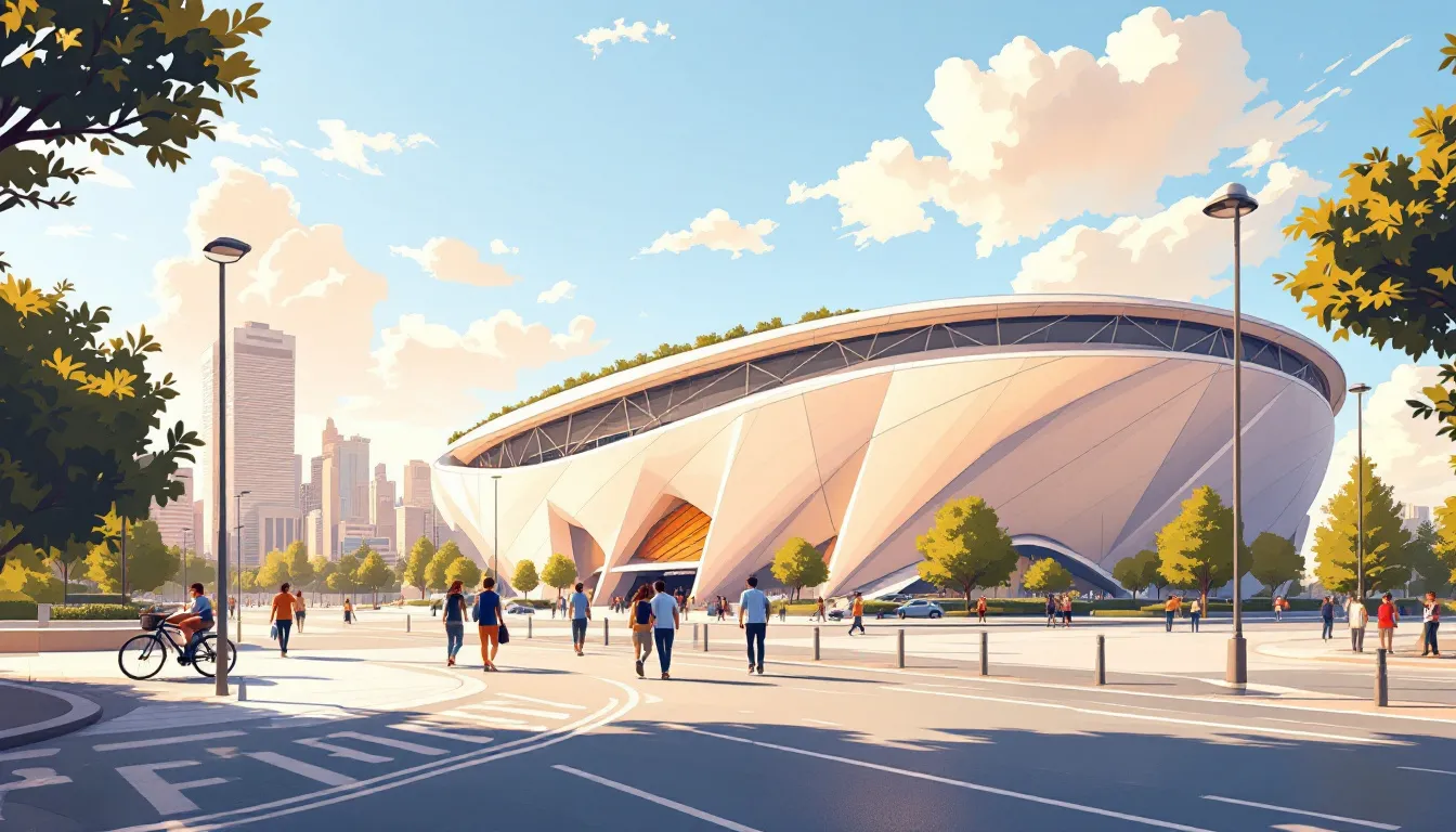 Ilustración editorial del exterior del estadio Santiago Bernabéu con ambiente urbano madrileño