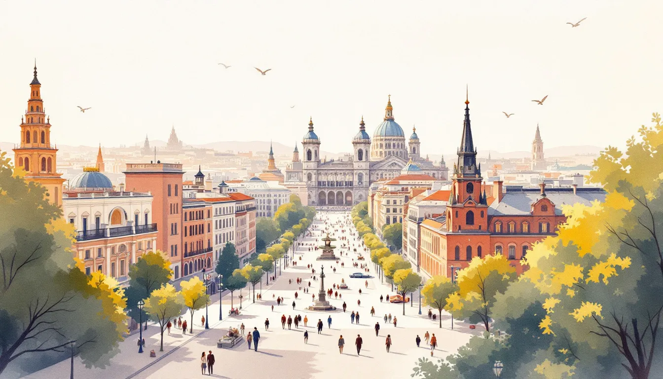 Ilustración editorial de Madrid con monumentos emblemáticos y ambiente urbano en tonos cálidos