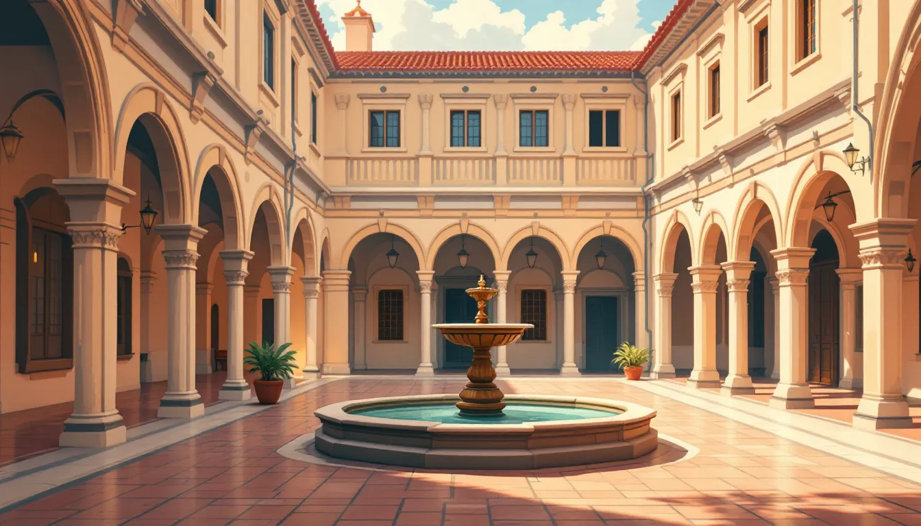 Ilustración de un claustro conventual histórico madrileño con arquitectura barroca y luz cálida