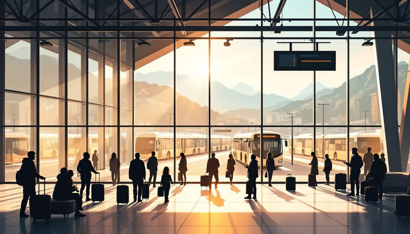 Ilustración editorial de intercambiador de autobuses en Madrid con viajeros esperando