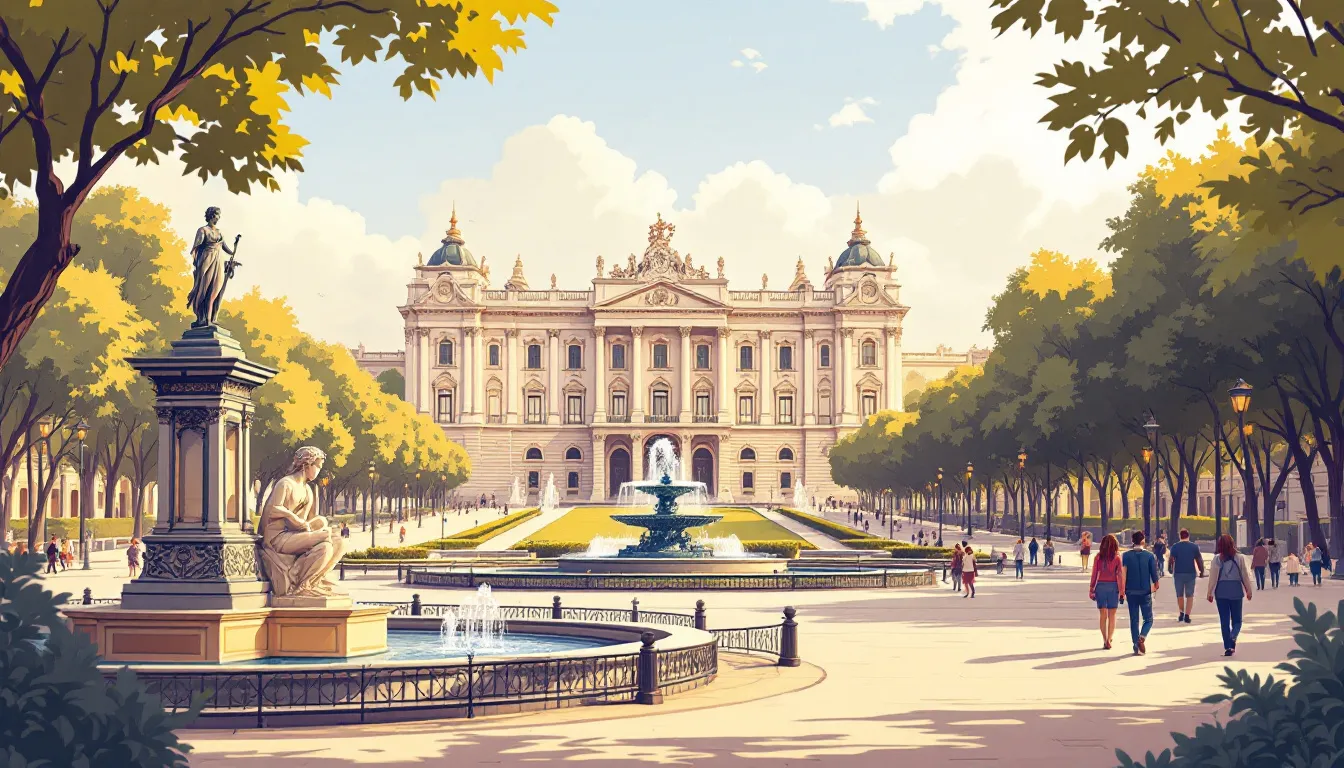 Ilustración editorial de la arquitectura borbónica en Madrid: palacio neoclásico y paseos ilustrados