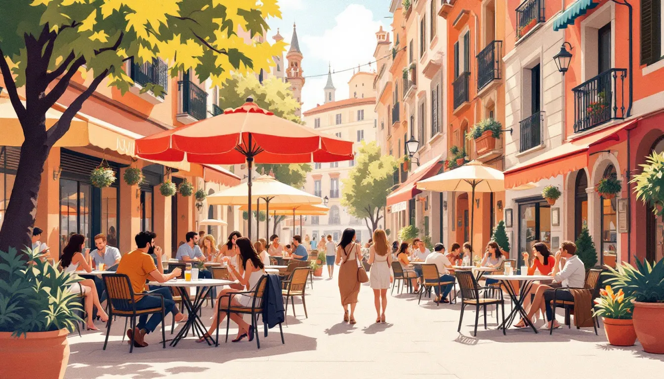Ilustración de una terraza madrileña al aire libre con sombrillas y ambiente acogedor